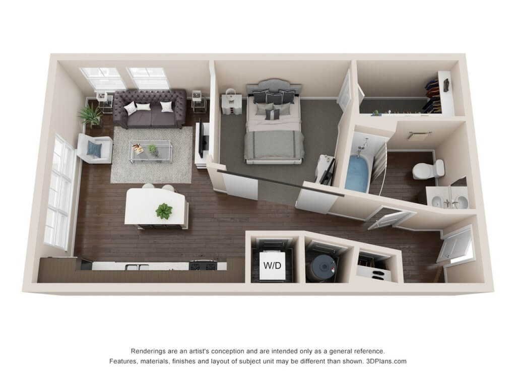 A 3D image of the A0 floorplan, a 578 squarefoot, 1 bed / 1 bath unit