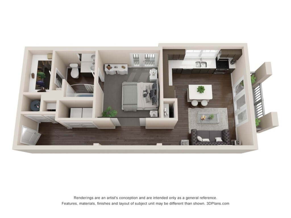 A 3D image of the A1 floorplan, a 670 squarefoot, 1 bed / 1 bath unit