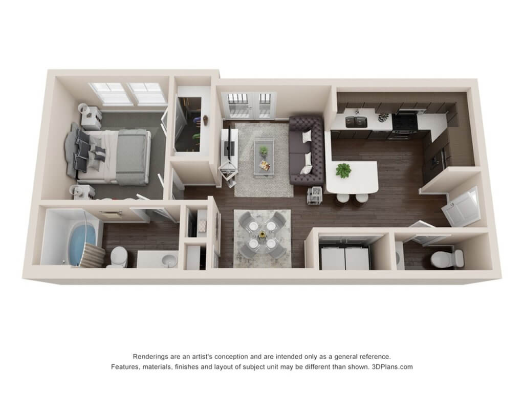 A 3D image of the A2 floorplan, a 670 squarefoot, 1 bed / 1 bath unit