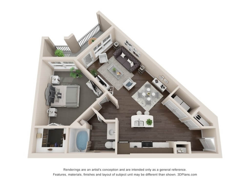 A 3D image of the A3 floorplan, a 780 squarefoot, 1 bed / 1 bath unit