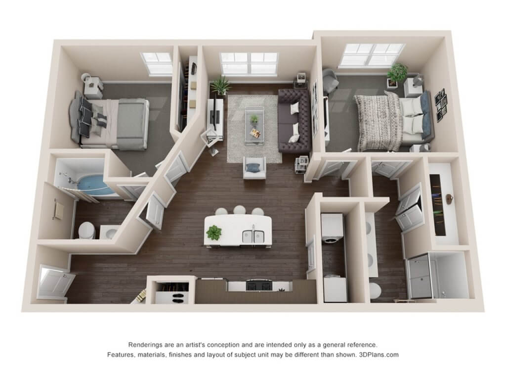 A 3D image of the B1 floorplan, a 952 squarefoot, 2 bed / 2 bath unit