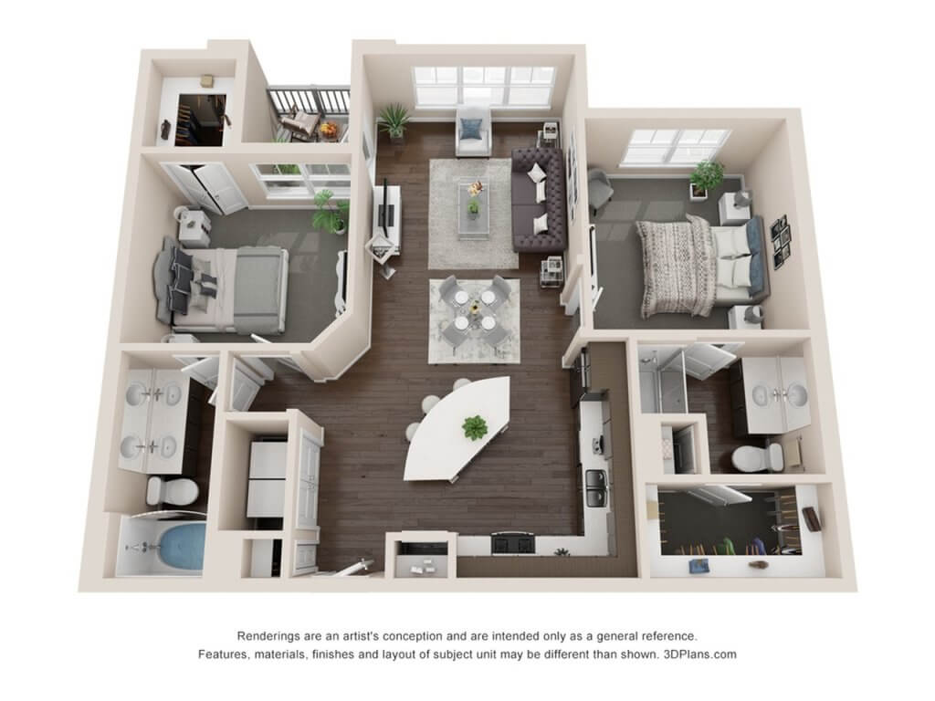 A 3D image of the B2 floorplan, a 1082 squarefoot, 2 bed / 2 bath unit