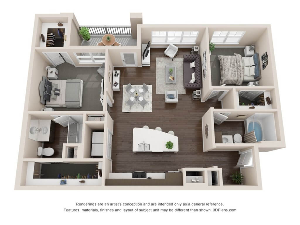 A 3D image of the B3 floorplan, a 1154 squarefoot, 2 bed / 2 bath unit