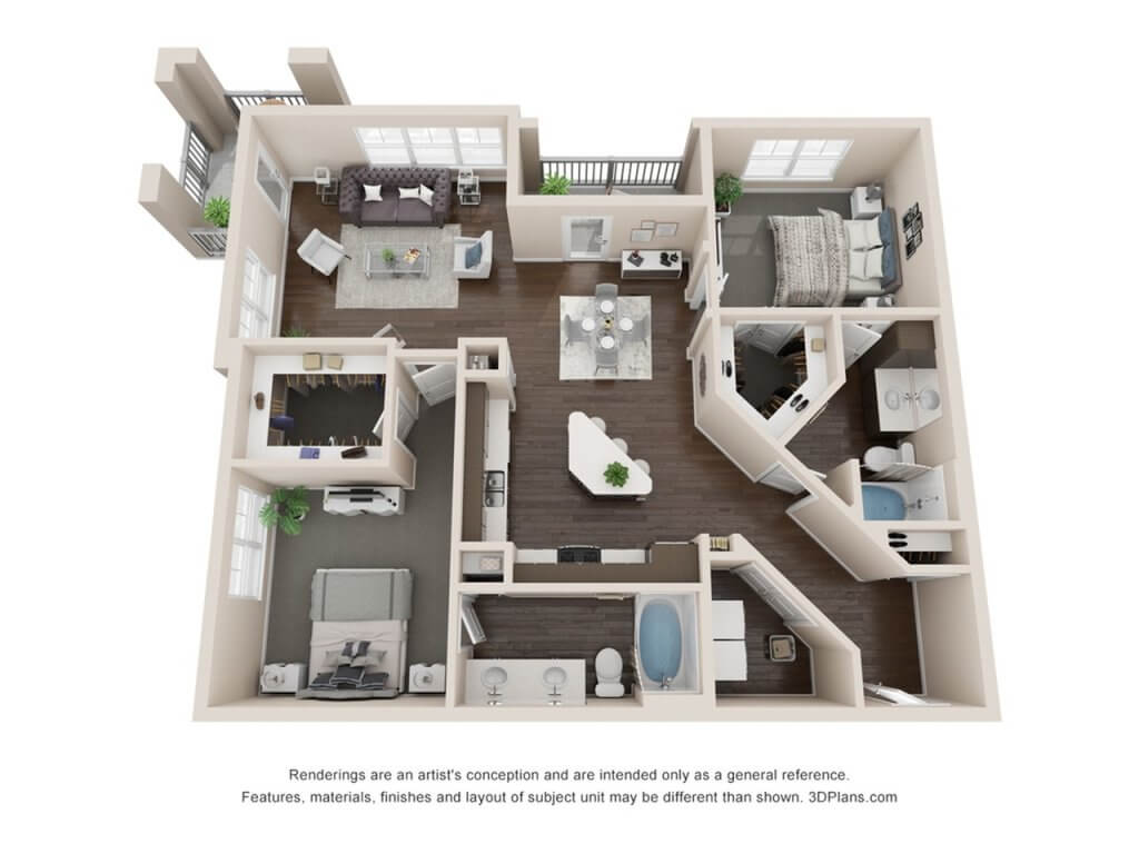 A 3D image of the B4 floorplan, a 1307 squarefoot, 2 bed / 2 bath unit