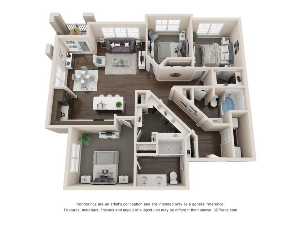 A 3D image of the C1 floorplan, a 1398 squarefoot, 3 bed / 2 bath unit