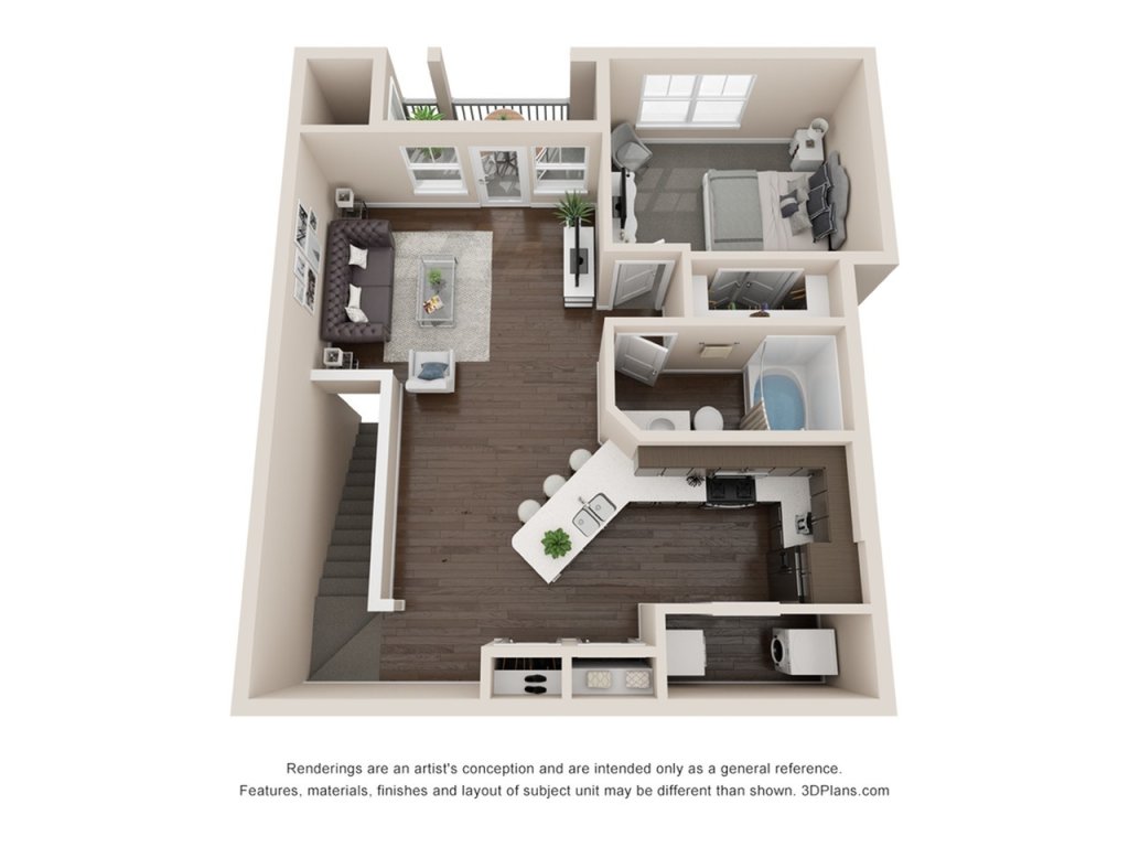 A 3D image of the A2 BH U floorplan, a 857 squarefoot, 1 bed / 1 bath unit