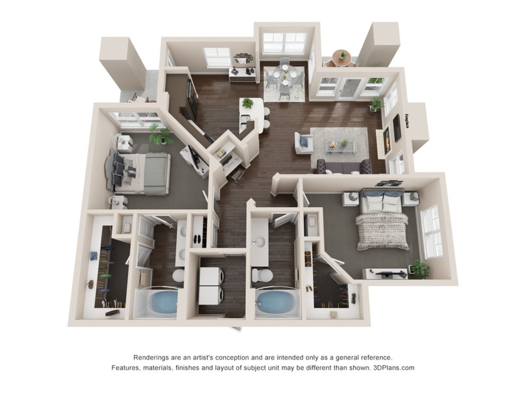 A 3D image of the B2 BH L floorplan, a 1199 squarefoot, 2 bed / 2 bath unit