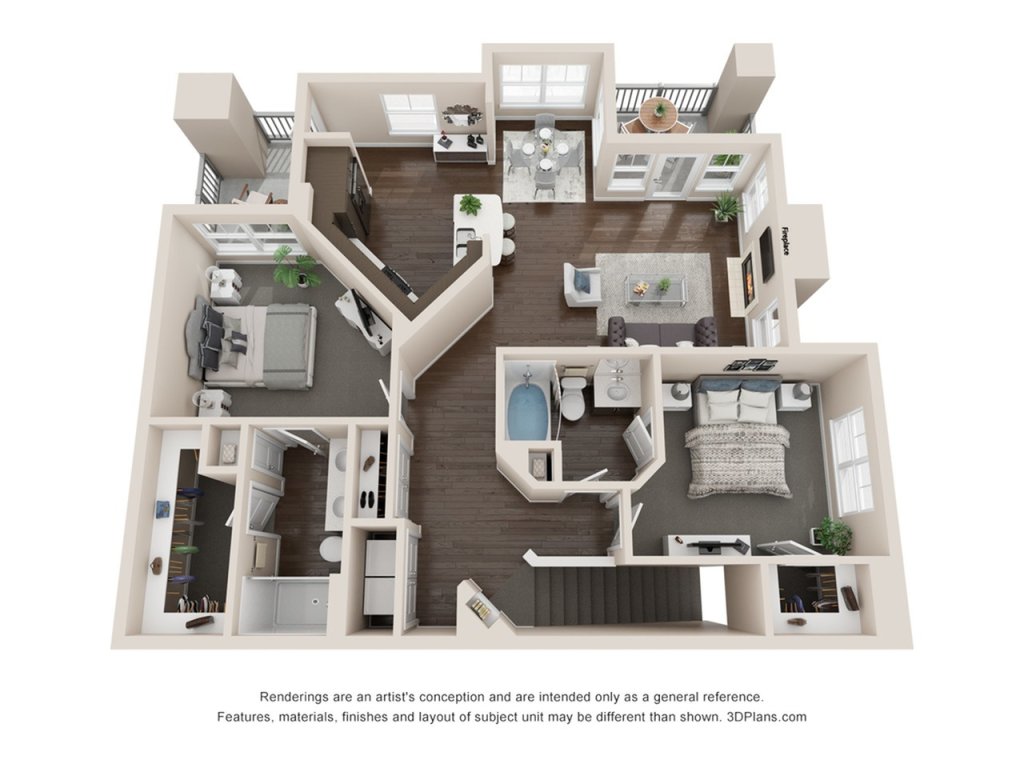 A 3D image of the B2 BH U floorplan, a 1250 squarefoot, 2 bed / 2 bath unit