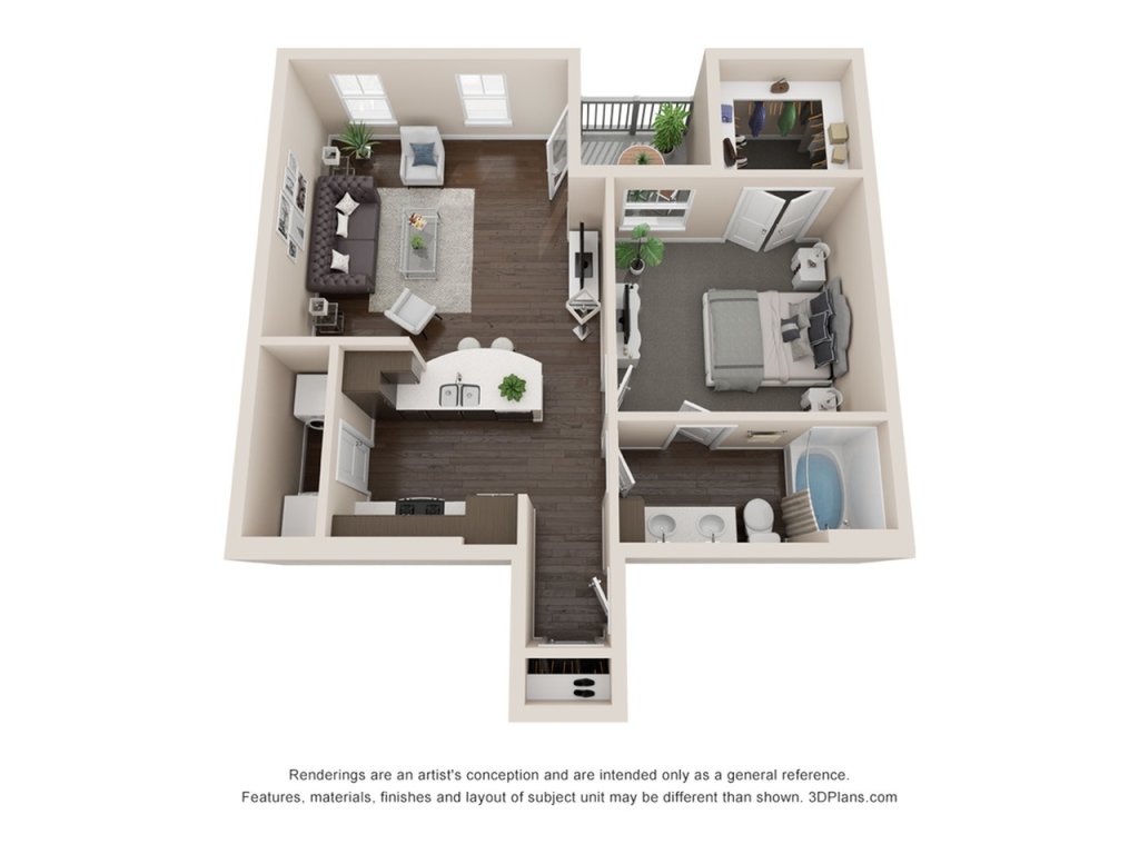 A 3D image of the A1 BH L floorplan, a 775 squarefoot, 1 bed / 1 bath unit