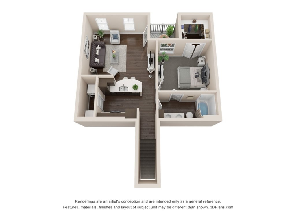 A 3D image of the A1 BH U floorplan, a 857 squarefoot, 1 bed / 1 bath unit