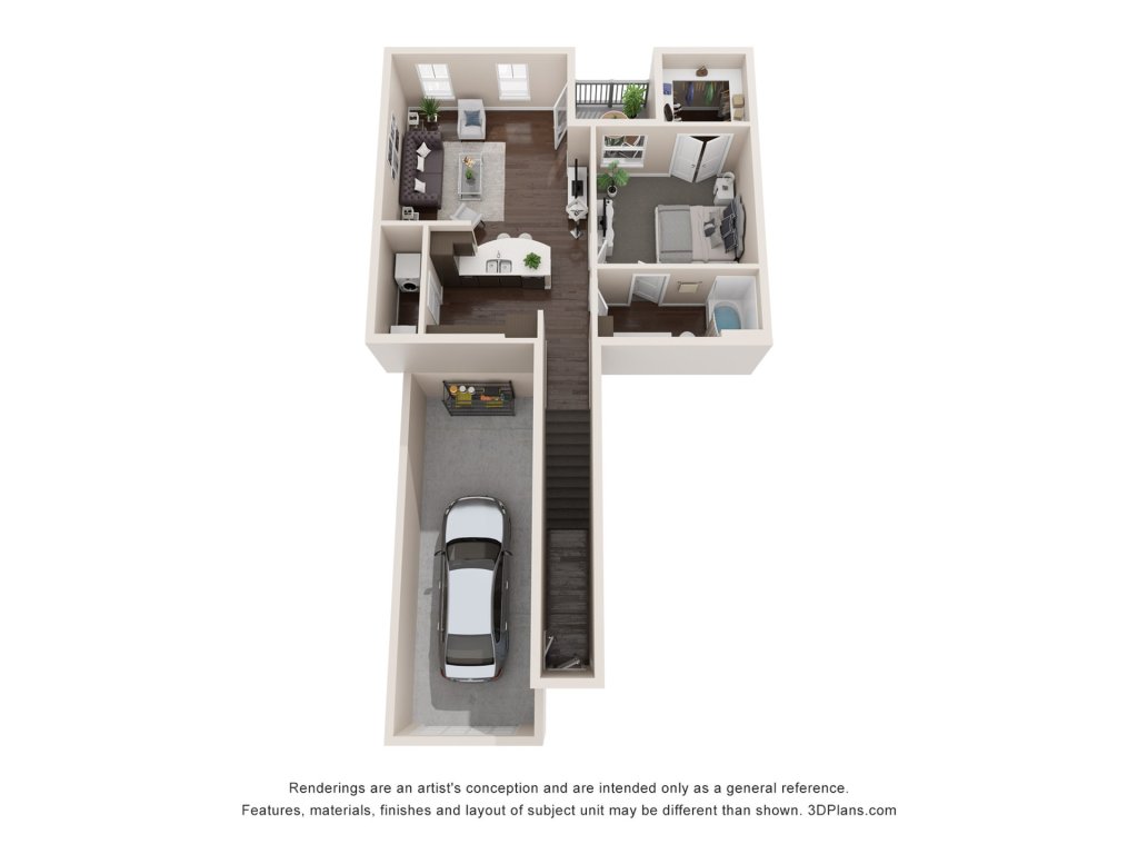 A 3D image of the A1 BH U floorplan, a 857 squarefoot, 1 bed / 1 bath unit