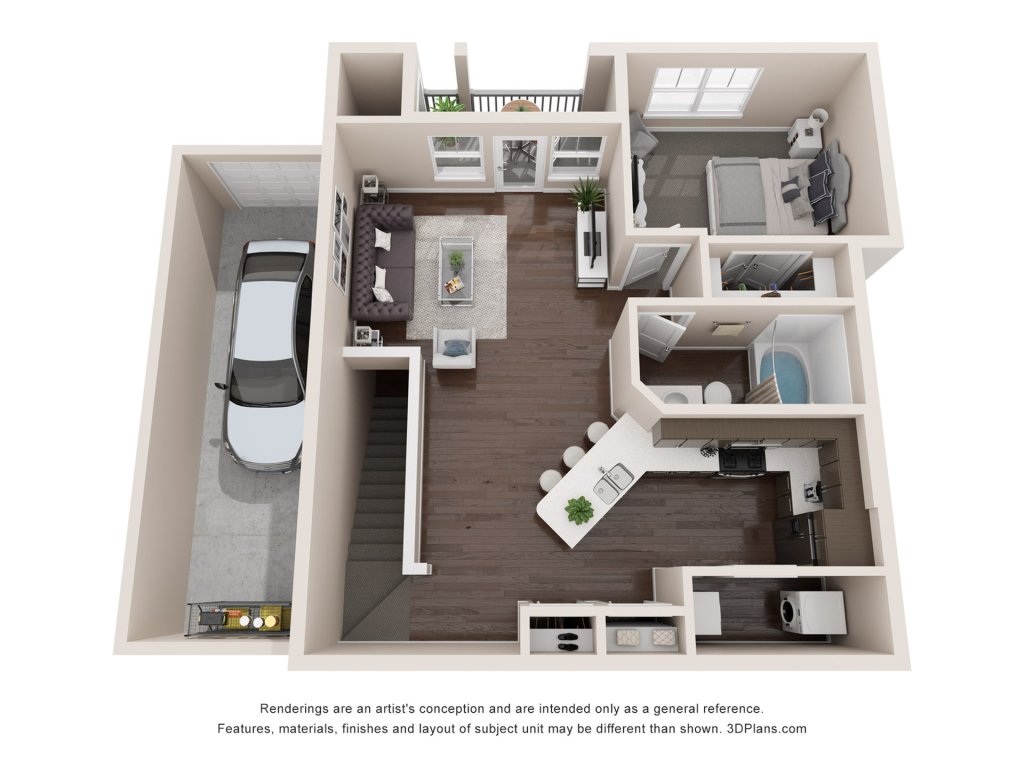 A 3D image of the A2 BH U floorplan, a 857 squarefoot, 1 bed / 1 bath unit