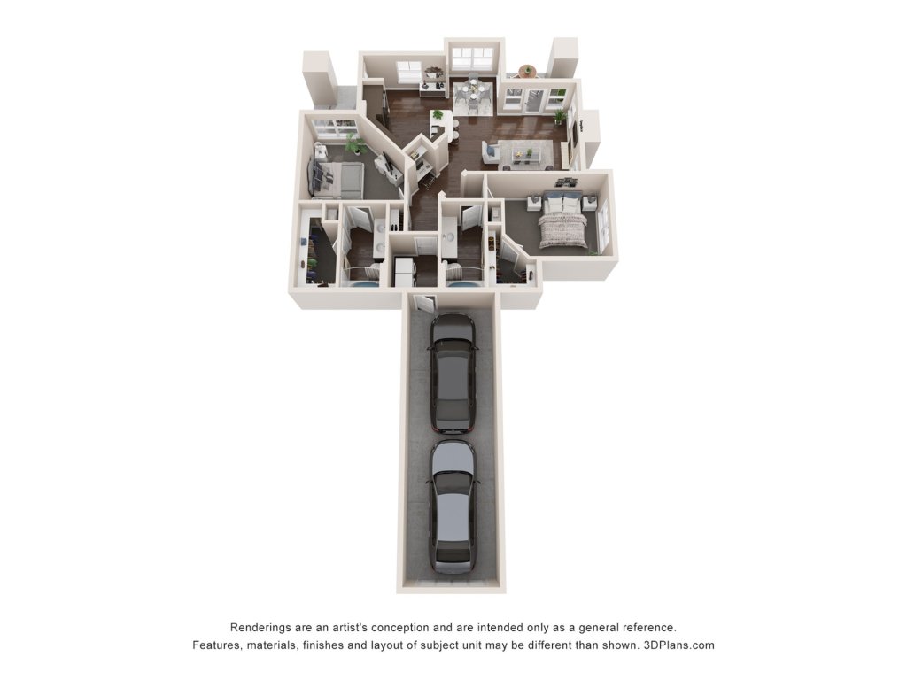 A 3D image of the B2 BH L floorplan, a 1199 squarefoot, 2 bed / 2 bath unit