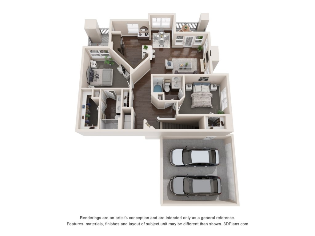 A 3D image of the B2 BH U floorplan, a 1250 squarefoot, 2 bed / 2 bath unit